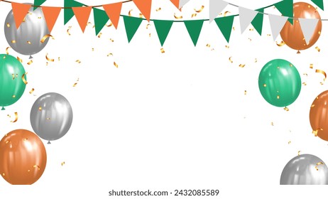 festival vector banner with green, orange and silver balloons and flags for cards, social media, holiday, anniversary, congratulations