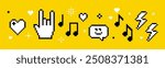 Festival vector concept in pixel art. Trendy Y2k retro sticker set. Playful pixel shapes. Player, melody, song, heart. Rock hand icon. Fans, rock-n-roll, music notes, cool. Mood of 90