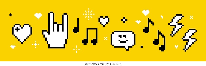 Festival vector concept in pixel art. Trendy Y2k retro sticker set. Playful pixel shapes. Player, melody, song, heart. Rock hand icon. Fans, rock-n-roll, music notes, cool. Mood of 90's aesthetics