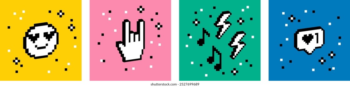 Elementos de diseño de Vector de festival en pixel art. Conjunto de pegatinas retro Y2k de moda. Formas lúdicas en 3D. Cara sonriente, corazón. Icono de la mano del Rock. Fans, concepto de música. Sentimiento de la estética de los 90. Atrevido y groovy