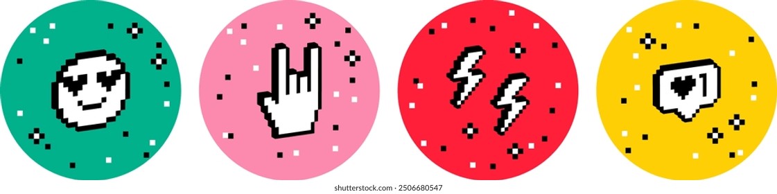 Festival vector design elements. Trendy Y2k retro sticker set. Playful pixel shapes. Smiling face, heart. Rock hand icon. Fans, rock-n-roll, music concept. Pixel art. Mood of 90's aesthetics. 8-bit 