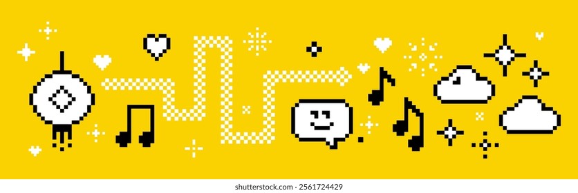 Festival vector illustration in pixel art video game style. Trendy Y2k retro sticker set. Playful pixel shapes. Snake, music note, festive decoration. Mood of 90s aesthetics. Lunar celebration concept