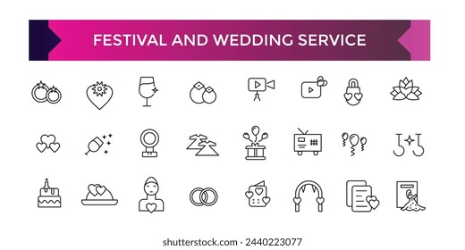 Festival and wedding seervice icon set. Gift and surprise line icons collection. Holiday, cake, present, stars icons. UI icon set.