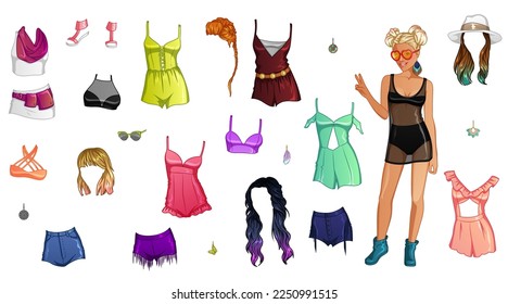 Festival Weekend Paper Doll with Beautiful Lady, Outfits, Hairstyles and Accessories. Vector Illustration