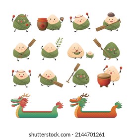Festivals in China: Dumplings for Dragon Boat Festival Cartoon Character Mascot and Dragon Boat Cartoon Vector Set, Cute and Playful Actions and Expressions