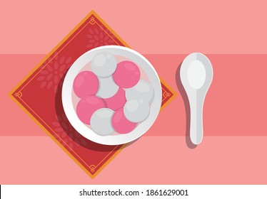 Festivals in China and Taiwan: Lantern Festival or Winter Solstice or New Year, delicious glutinous rice balls and soup spoons, graphic poster design, vector illustration