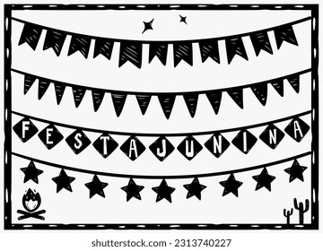 Festivals flag in various shapes. Festa Junina (june festival). Traditional northeast brazilian party. woodcutstyle