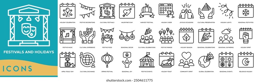 Festivals and Holidays icon. Holiday Celebration, Festive Decorations, Cultural Festivals, Valentine's Day and Harvest Festival 