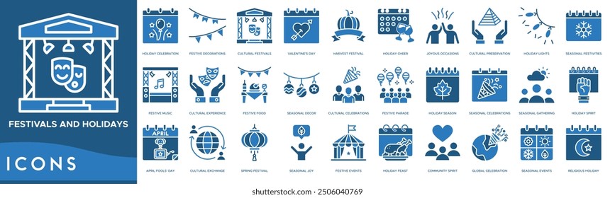 Festivals and Holidays icon. Holiday Celebration, Festive Decorations, Cultural Festivals, Valentine's Day and Harvest Festival