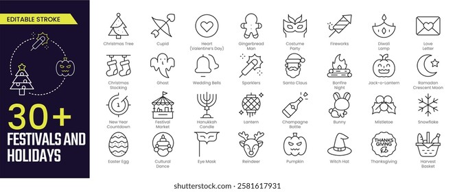 Festivals and Holidays Stroke icon collections. Containing Christmas Tree, Valentine’s Day, Sparklers, Lantern, Pumpkin, Thanksgiving, and More icons. Editable Stroke icon collection Outline icons