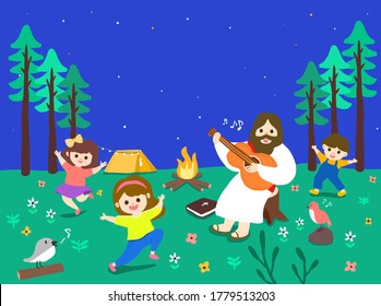 Festivals of Jesus and the Lamb, Happy Summer Bible School Camp, Exciting Bible Study, Happy Jesus and Children, Happy Daily Life of Bible Studying the Bible