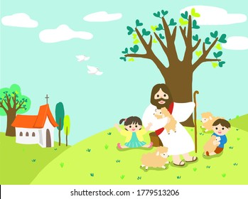 Festivals of Jesus and the Lamb, Happy Summer Bible School Camp, Exciting Bible Study, Happy Jesus and Children, Happy Daily Life of Bible Studying the Bible