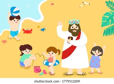 Festivals of Jesus and the Lamb, Happy Summer Bible School Camp, Exciting Bible Study, Happy Jesus and Children, Happy Daily Life of Bible Studying the Bible