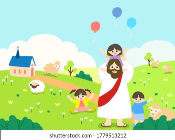 Festivals of Jesus and the Lamb, Happy Summer Bible School Camp, Exciting Bible Study, Happy Jesus and Children, Happy Daily Life of Bible Studying the Bible