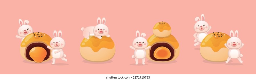 Festivals in Taiwan and China: mid-autumn festival, moon cakes with egg yolks, delicious pastry food desserts, cute rabbit mascot characters