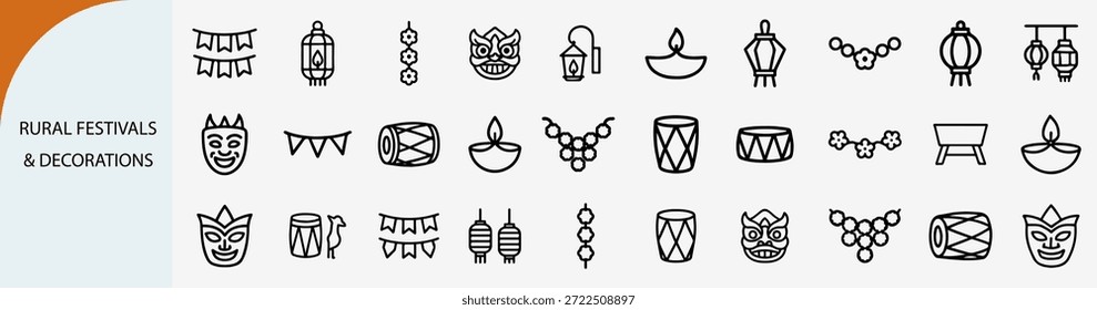 “Fiestas rurales y decoraciones tradicionales conjunto de iconos lineales, Vector de celebración cultural”