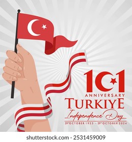 Fondo festivo del 101 aniversario del Día de la Independencia de Turquía 2024 con el logotipo 101, cinta, bandera. Día Nacional de Turquía o Ilustración vectorial Cumhuriyet Bayrami de Turquía. 