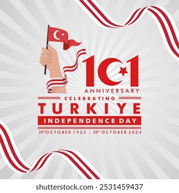 Festivo 101º Aniversário Dia da Independência da Turquia 2024 Fundo com 101 logotipo, fita, bandeira. Banner do Dia Nacional da Turquia, Modelo, Cartaz, Mídias Sociais. Ilustração de vetor