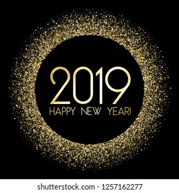 Festive 2019 Happy New Year card with gold confetti. 2019 holiday card, banner or party poster design with wishes of happiness in New Year night eve. Gold glitter confetti sparkles on black.