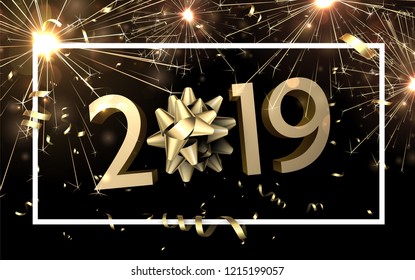 Festive 2019 New Year poster with golden bow, serpentine and firework. Vector background.