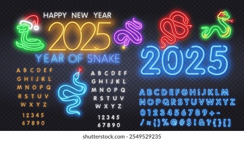 Festive 2025 holiday banner with cheerful snake in Santa hat wrapped in Christmas lights. Perfect for seasonal greetings and New Year celebrations. Vector hand drawn greeting card