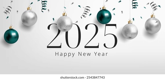 A festive 2025 New Year banner with glowing green and silver spheres, and confetti. Abstract background ideal for cards, posters, and celebrations. Not AI.