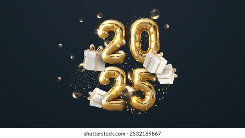 Festive 2025 New Year celebration with golden balloons, confetti, and gifts. Shiny gold numbers and present box create a luxurious and joyful atmosphere, perfect for holiday greeting cards. Vector