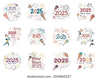 Festivo 2025 desenhos de celebração de Ano Novo com fogos de artifício e favores de festa.