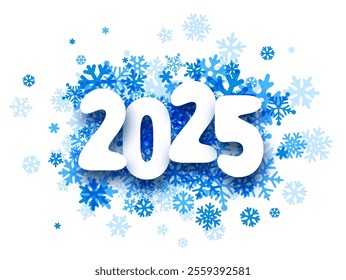 Festive 2025 New Year design with bold typography surrounded by vibrant blue snowflakes. Vector illustration for winter themes.