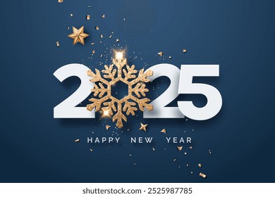 Festive 2025 New Year greeting card with a gold snowflake, stars, and confetti on a navy background