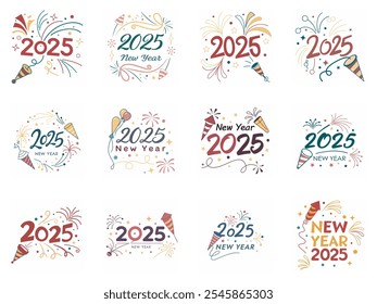 Festive 2025 New Year's designs with fireworks and party favors