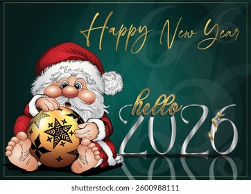 A festive 2026 New Year card designed with a cute gnome holding a Christmas ball and dazzling gold text set against a blue backdrop.