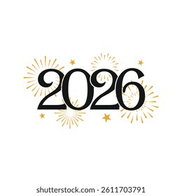 Festive 2026 New Year design with black numbers and fireworks and gold stars
