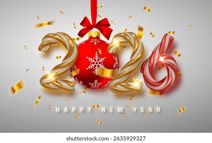 Festive 2026 New Year Design with Golden Ribbon Numbers, Red Ornament, and Confetti on Elegant Background. Perfect for Seasonal Greetings and Promotions. Vector Illustration.