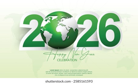 Festive 2026 New Year illustration featuring green numbers and a globe, symbolizing a global celebration. Clean design suitable for New Year's cards, greetings, invitations, posters.