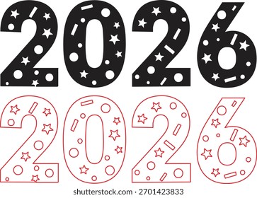 Festliche Zahlen 2026 in Schwarz und Rot mit Feier Konfetti und Sterne bereit für das neue Jahr