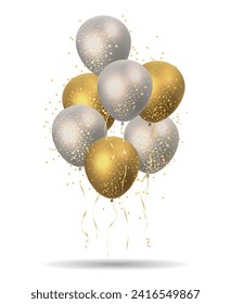 Festive 3d balloons group. Fly elegant realistic gold and silver balloons with sparkling confetti for festival festive and carnival isolated vector illustration