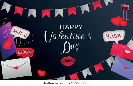 Festive 3D banner with letter envelopes, love phrases and kiss, glasses of wine, flags and smartphone. Vector illustration with symbols for Valentine's Day.