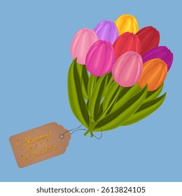 A festive 3D brightly colored bouquet of tulips. Happy Easter tag. Lovely fresh spring flowers on a blue background. Vector drawing. A festive spring floral decoration, perfect for holiday designs.