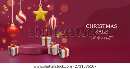 A festive 3D Christmas background featuring red and white ornaments, golden decorations, confetti, gift boxes, and a podium. Christmas promotions, seasonal banners, and winter marketing materials.
