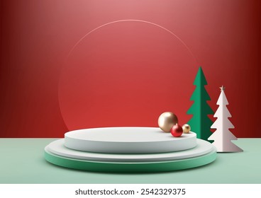 A festive 3D Christmas scene with white podium, pine trees, and gold ornaments on a vibrant red background. Ideal for holiday mockups, product displays, festive showcase designs