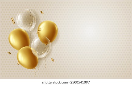 Festive 3d gold and transparent balloons and serpentine on a beige background for congratulations. Birthday, sale, anniversary. Banner with copy space. Vector stock illustration.