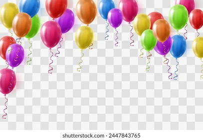 Festive 3d helium balloons isolated on png background. Realistic colorful balloons template for anniversary, Birthday party design. Vector illustration on transparent background