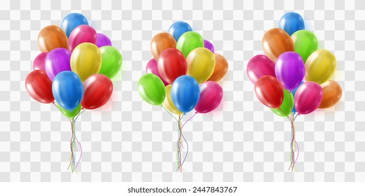 Festive 3d helium balloons isolated on png background. Realistic colorful balloons template for anniversary, Birthday party design. Vector illustration on transparent background