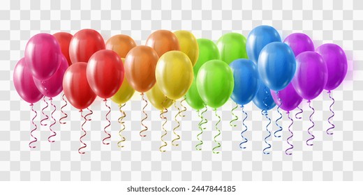 Festive 3d helium balloons isolated on png background. Realistic colorful balloons template for anniversary, Birthday party design. Vector illustration on transparent background