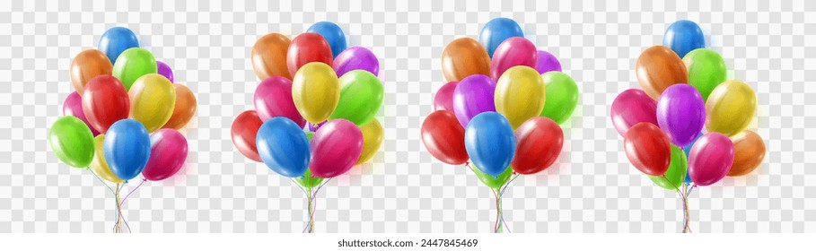  Festive 3d helium balloons isolated on png background. Realistic colorful balloons template for anniversary, Birthday party design. Vector illustration on transparent background