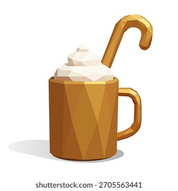 Una ilustración de estilo poli bajo 3D festivo de una taza dorada llena de crema batida blanca y un bastón de caramelo dorado a juego Perfecto para diseños de vacaciones de Navidades elegantes