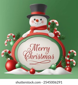 A festive 3D Merry Christmas banner with snowman on a podium with candy canes, balls and seasonal frame decorations in red and green. Perfect for holiday greetings, posters, or cards. Not AI.