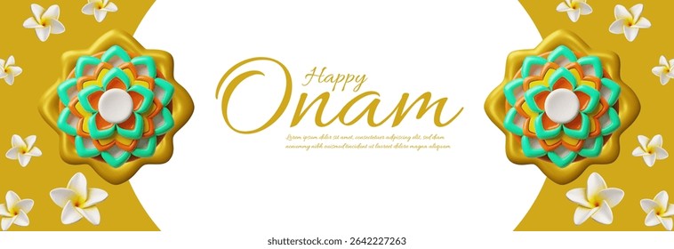 Festive 3D Onam banner with golden background, symmetrical flowers and white plumerias on the edges. Happy harvest celebration in South India, Kerala. Vector cartoon illustration. Space for text.