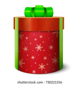 Festive 3d package of red with snowflakes. New Year's gift. Christmas surprise. Tied with ribbon with a bow on top. Cylindrical packing. Pattern on a round surface. Realistic vintage template.